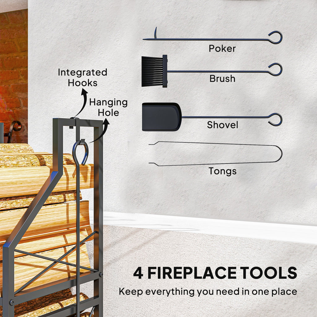 13 in 2-Tier Firewood Log Rack with Hooks & 4 Fireplace Tools, Black