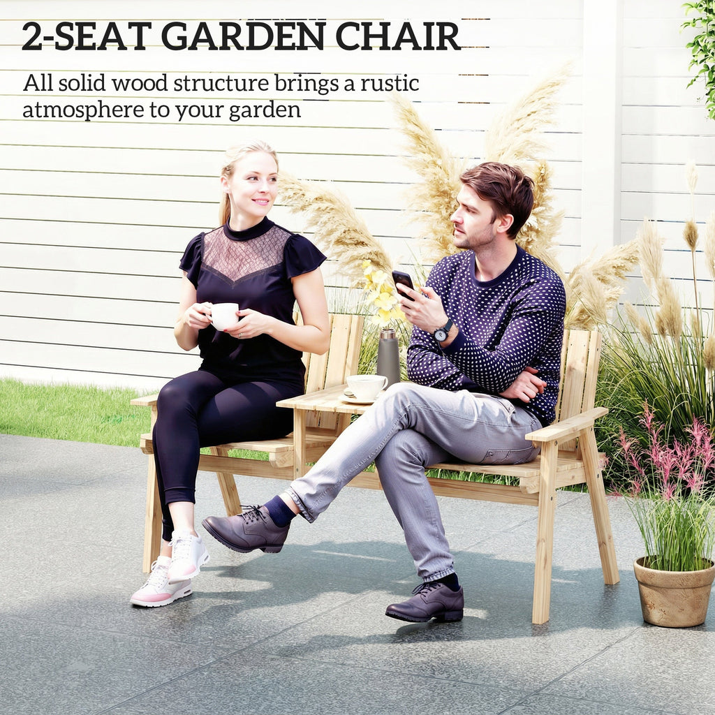 2-Seater Wooden Garden Loveseat with Table and Parasol Hole, Natural
