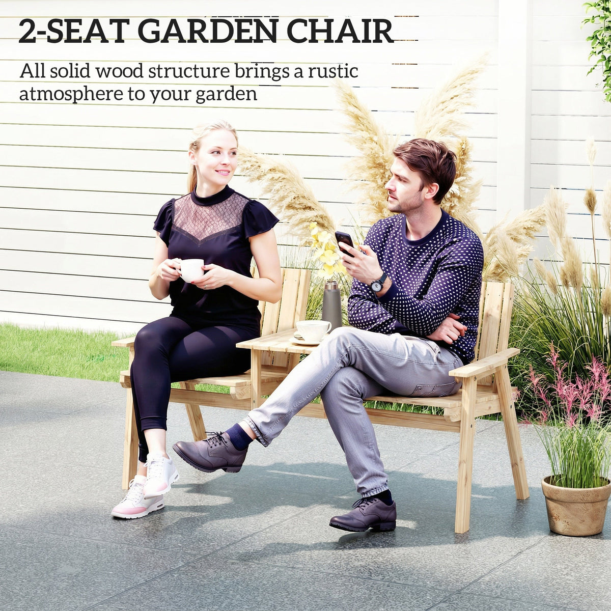 2-Seater Wooden Garden Loveseat with Table and Parasol Hole, Natural