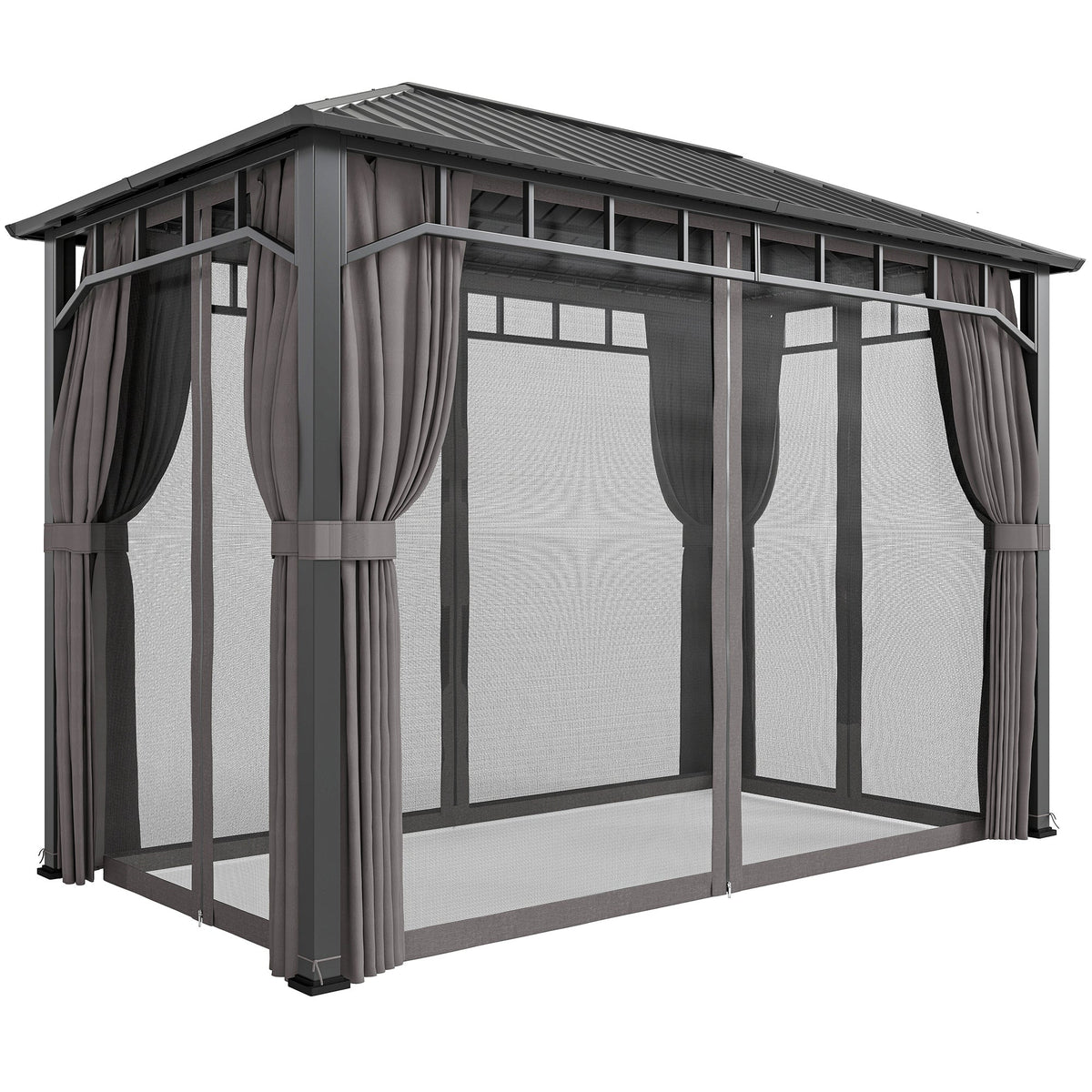 2 x 3.5 m Hardtop Gazebo with Galvanised Roof, Netting & Curtains, Dark Grey