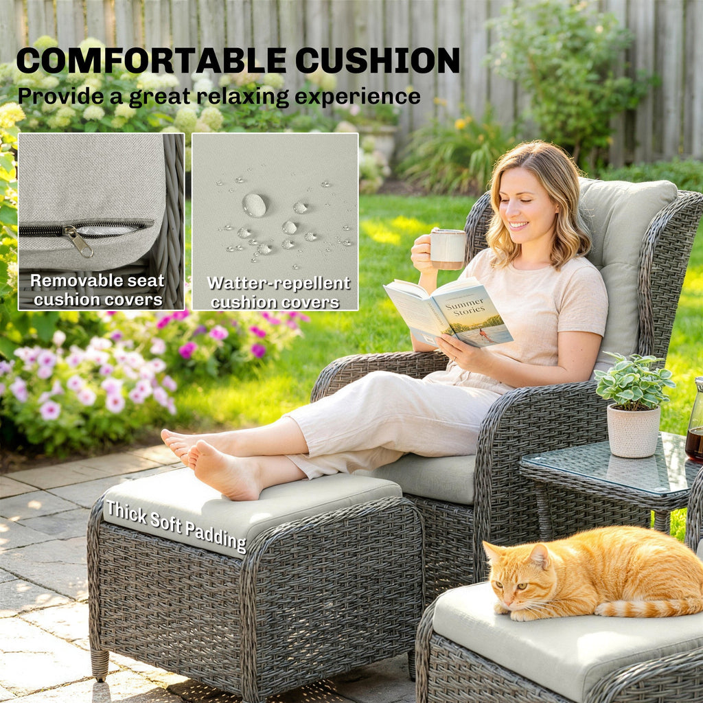 5 Piece Rattan Reclining Chair Set with Footstool and Glass Table, Cream White