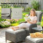 5 Piece Rattan Reclining Chair Set with Footstool and Glass Table, Cream White