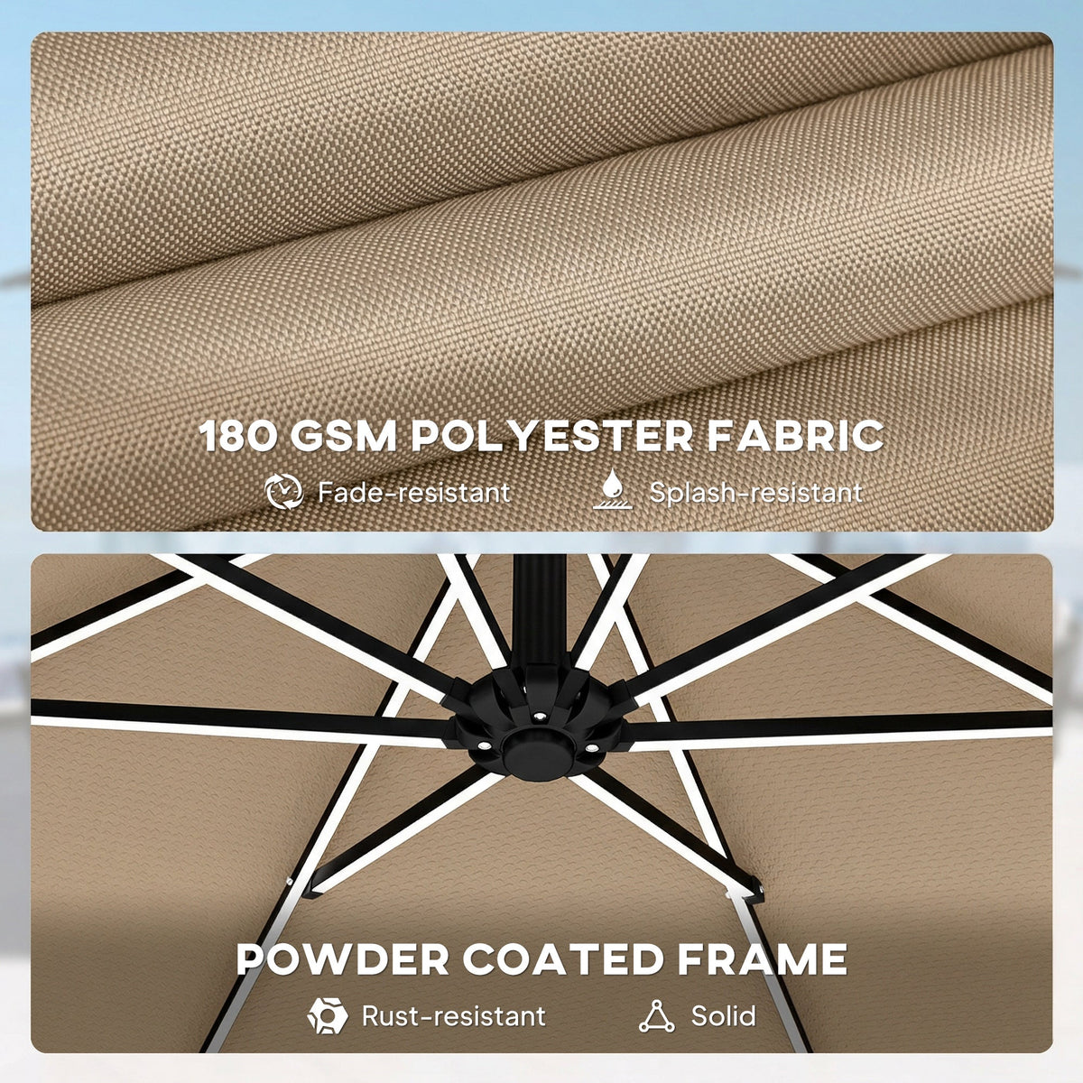 3 m Cantilever Parasol with Solar LED Light, Cover & 360° Rotation, Khaki