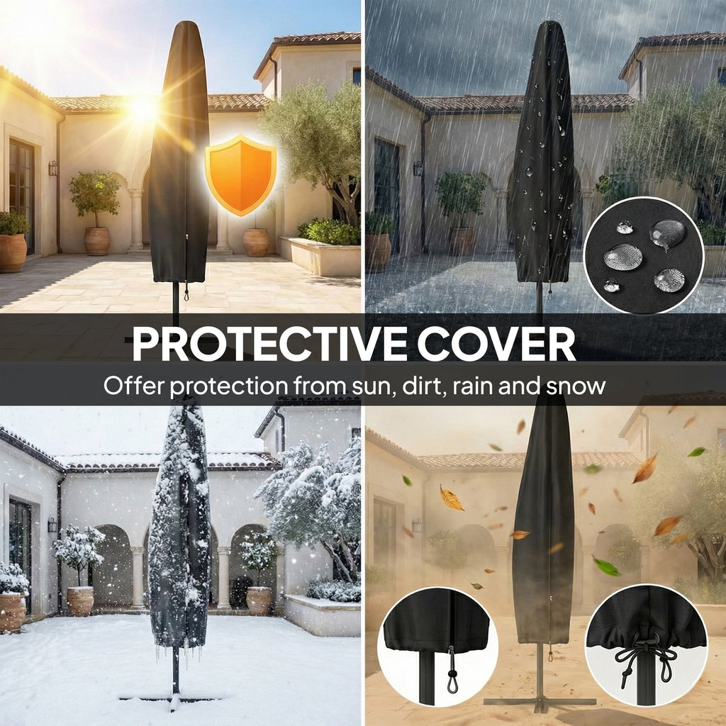 3 m Cantilever Parasol with Solar LED Light, Cover & 360° Rotation, Khaki