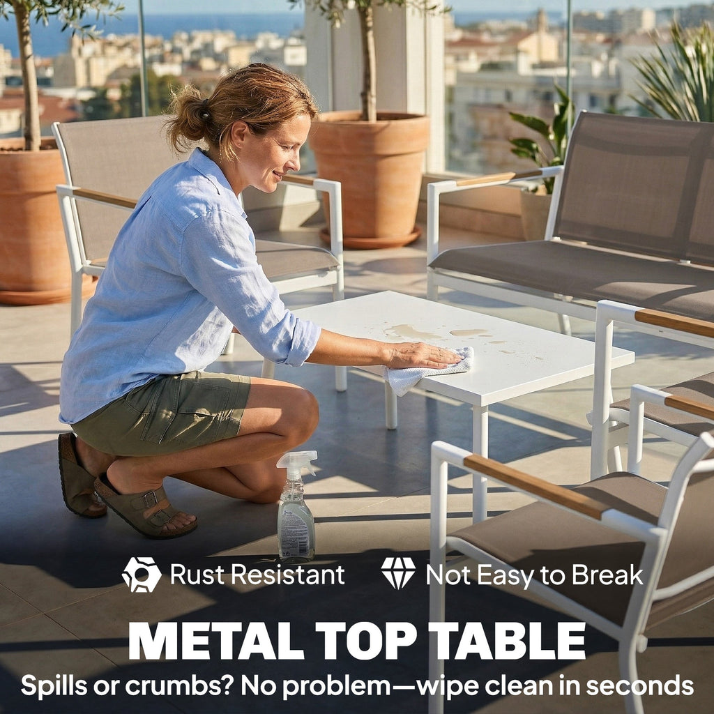 4-Seater Outdoor Sofa Set with Loveseat, 2 Armchairs & Metal-Top Table, Khaki
