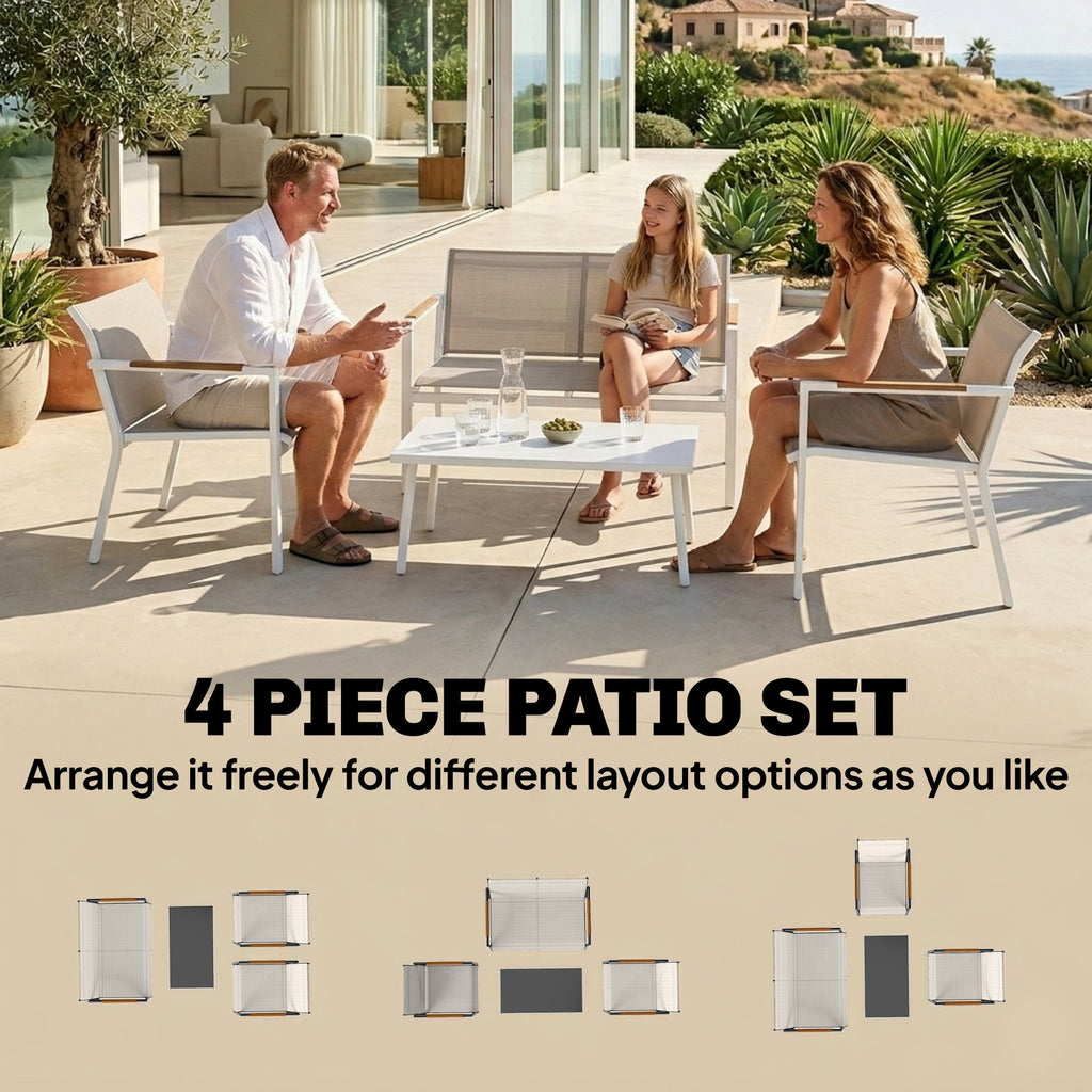 4-Seater Outdoor Sofa Set with Loveseat, 2 Armchairs & Metal-Top Table, Khaki
