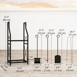 13 in 2-Tier Firewood Log Rack with Hooks & 4 Fireplace Tools, Black