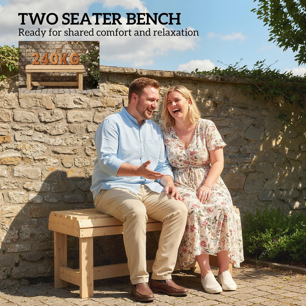 2 Seater Wooden Garden Bench with Curved Slatted Seat, Natural
