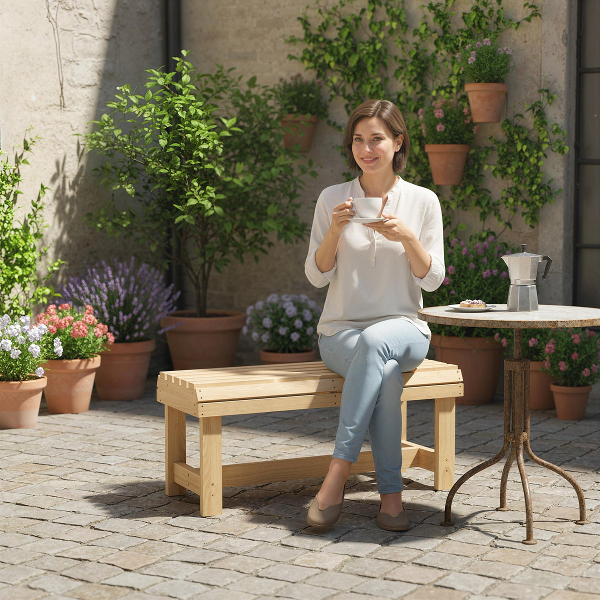 2 Seater Wooden Garden Bench with Curved Slatted Seat, Natural