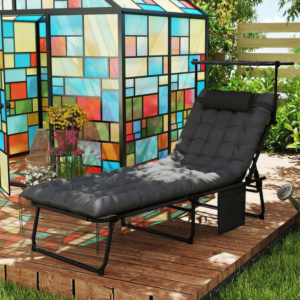 Folding Chaise Lounge Chair with Cushion, Sun Shade and Headrest, Dark Grey
