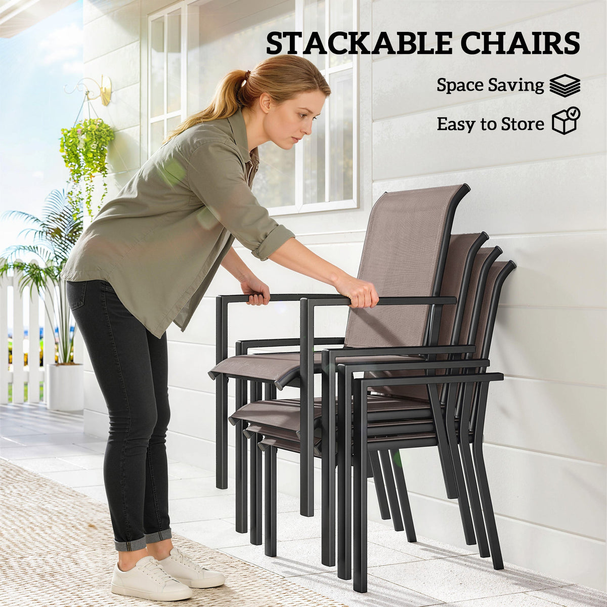 5 Piece Garden Dining Set with Stackable Chairs and Parasol Hole, Grey/Khaki