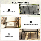 2 Seater Rattan Sofa with Wood-Effect Armrests, Khaki