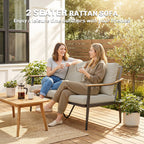 2 Seater Rattan Sofa with Wood-Effect Armrests, Khaki