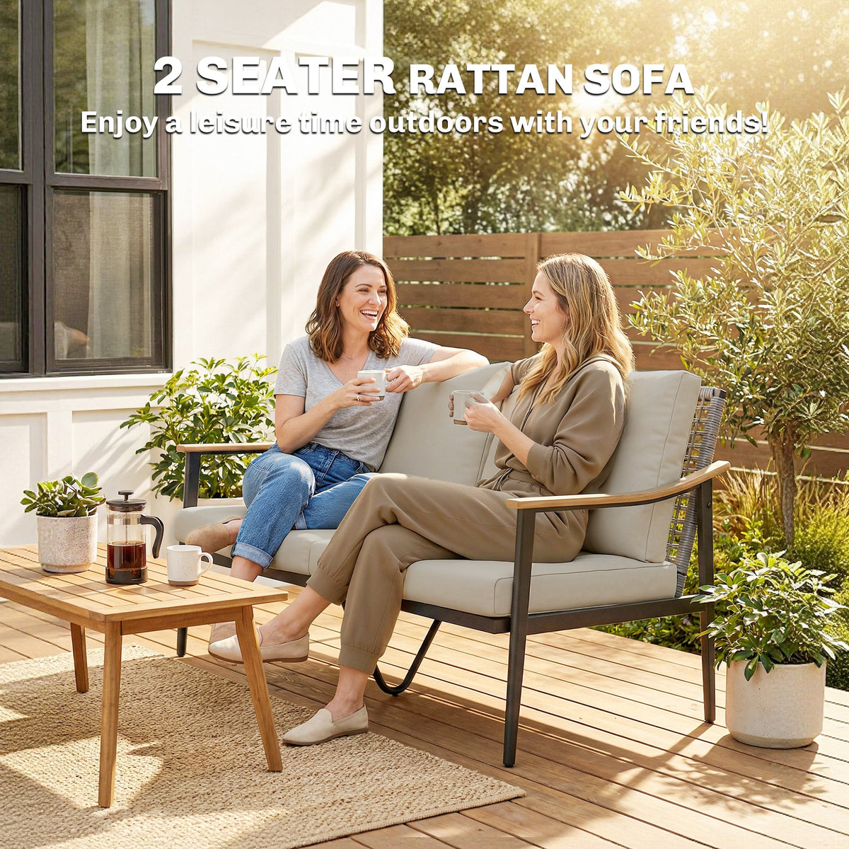 2 Seater Rattan Sofa with Wood-Effect Armrests, Khaki