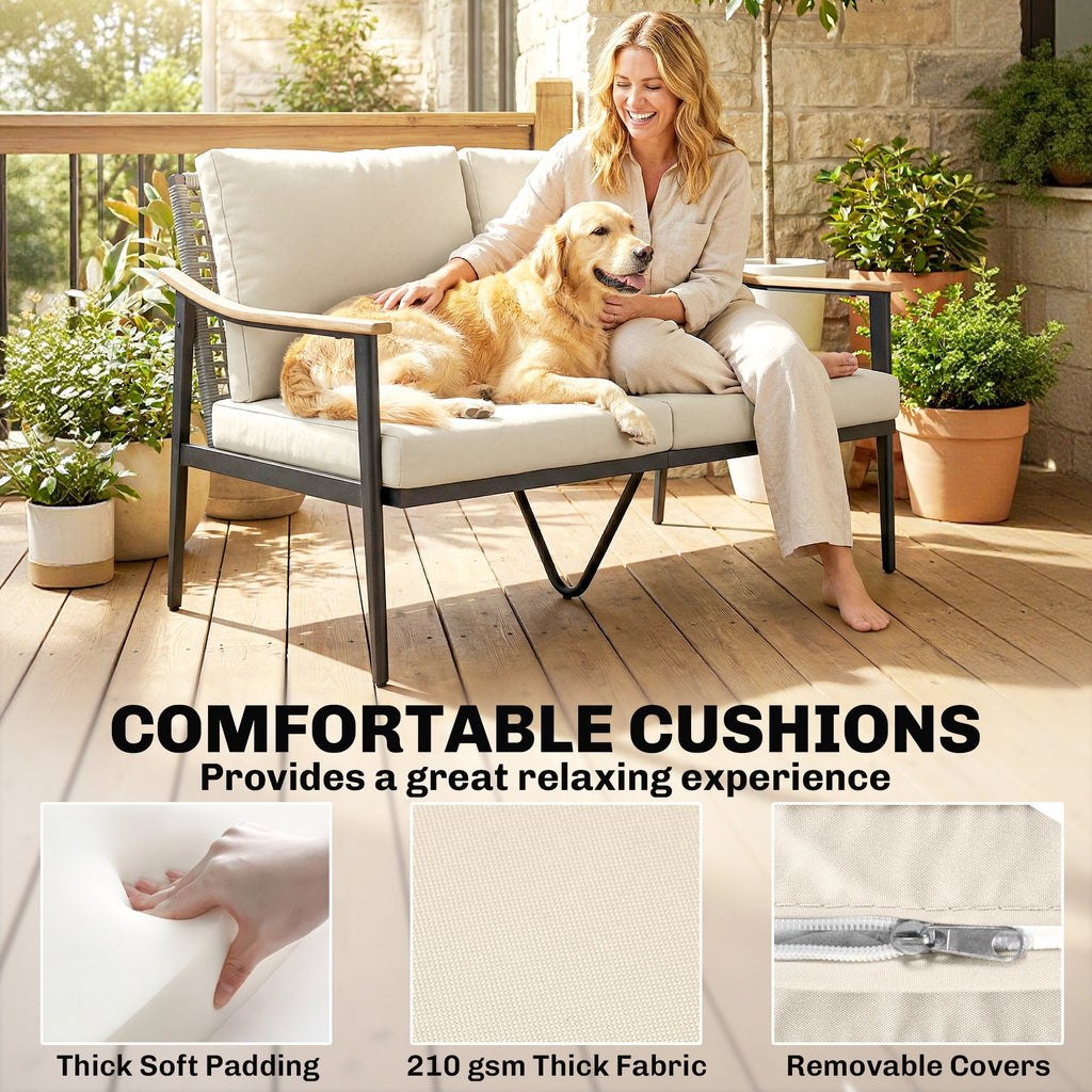 2 Seater Rattan Sofa with Wood-Effect Armrests, Khaki