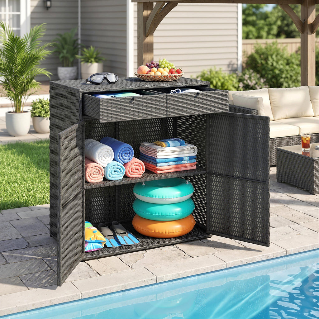 Wicker Outdoor Storage Cabinet with 2 Drawers and 2-Tier Shelves, Dark Grey