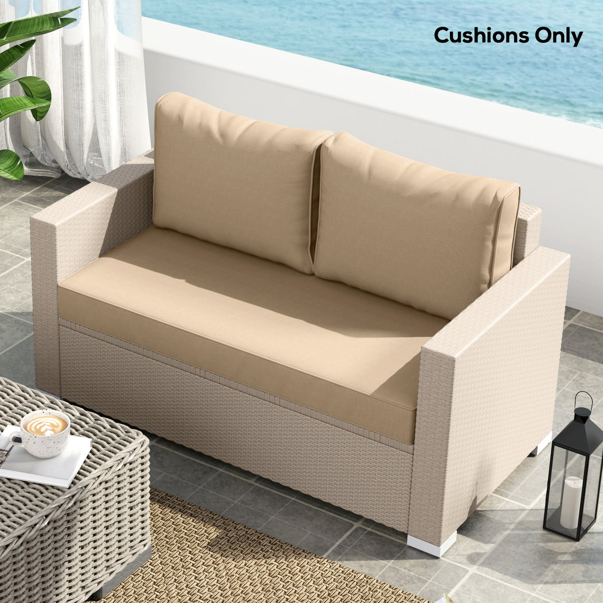 2 Seater Outdoor Seat Cushions with Backrest, Beige