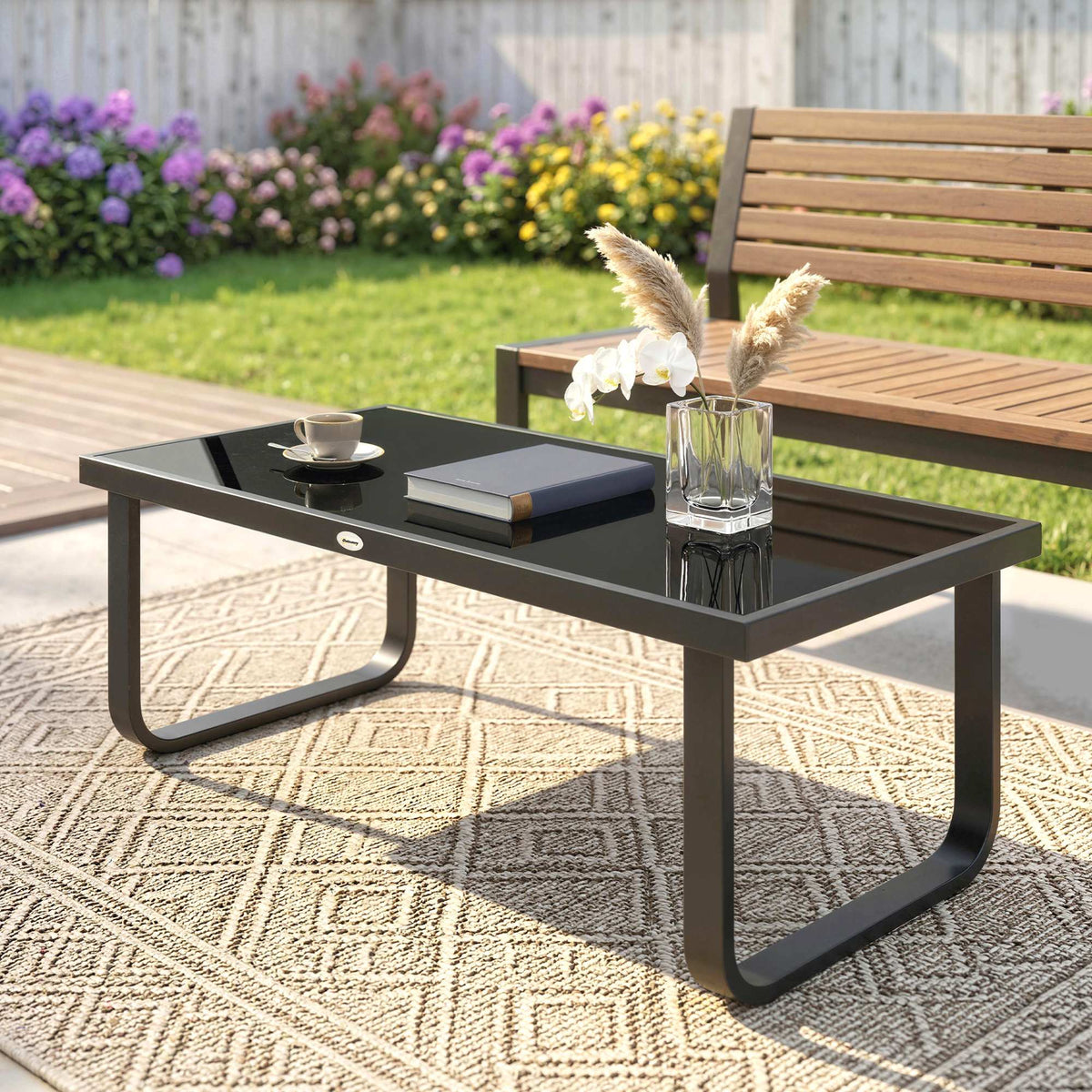Outdoor Metal Coffee Table 90x45x33 cm with Tempered Glass Top, Black