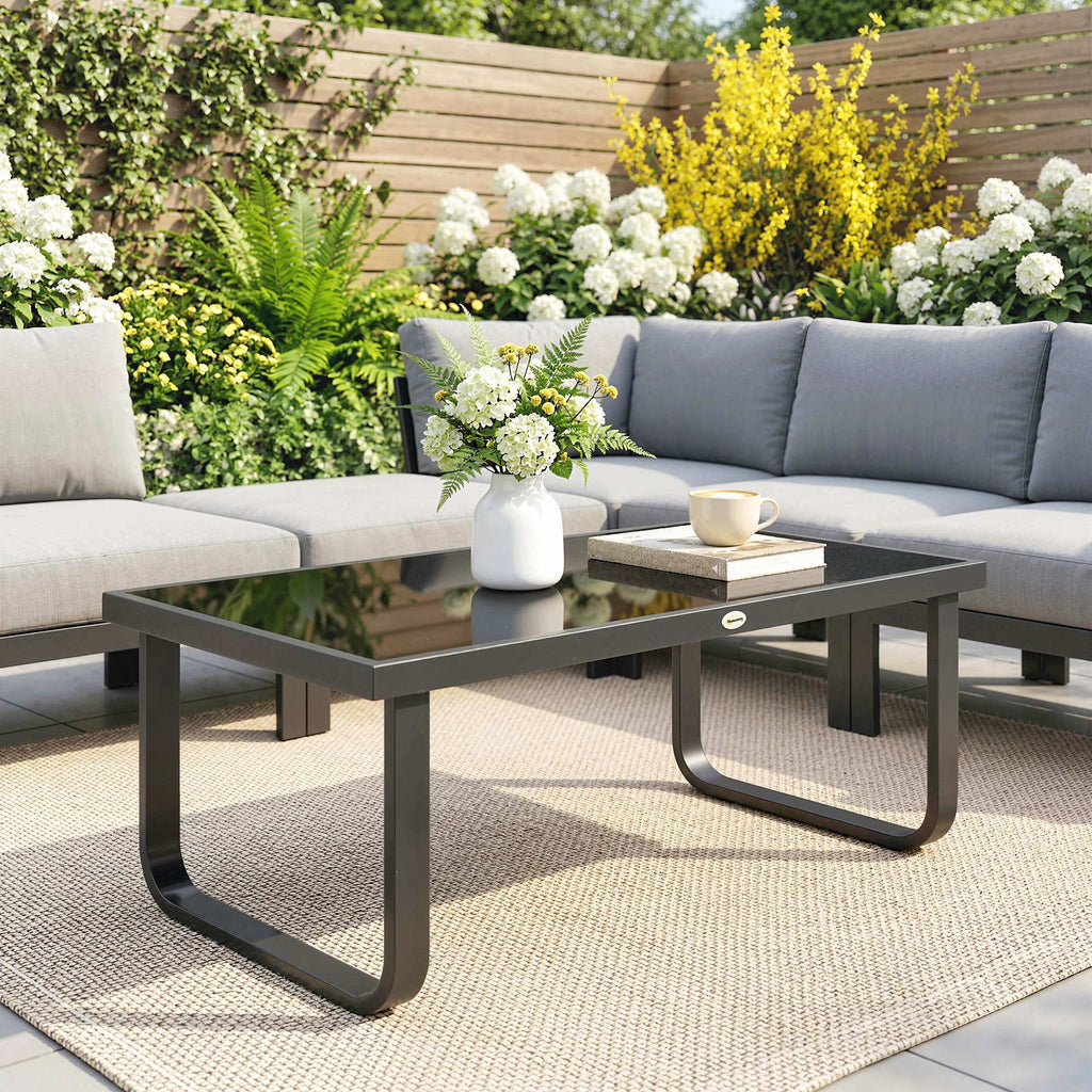 Outdoor Metal Coffee Table 90x45x33 cm with Tempered Glass Top, Black