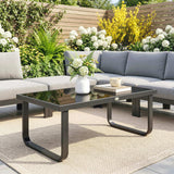 Outdoor Metal Coffee Table 90x45x33 cm with Tempered Glass Top, Black