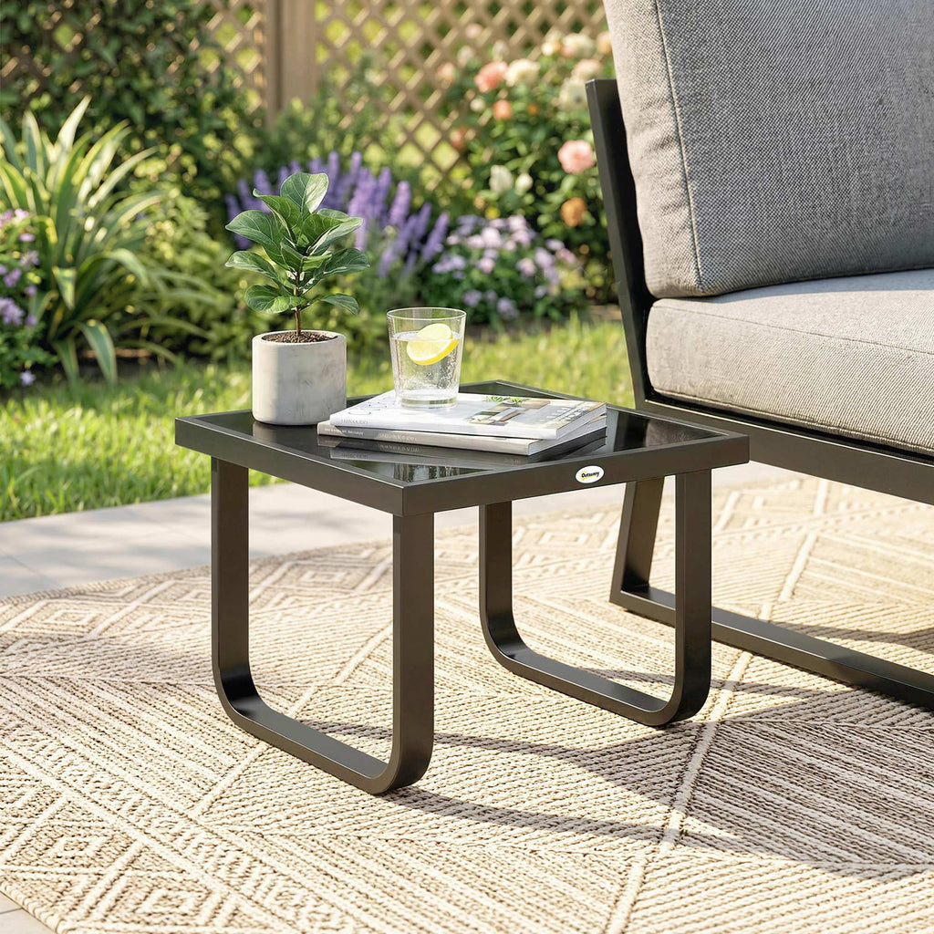 Metal Side Table with Tempered Glass Top & Adjustable Feet, 45x45x33 cm, Black
