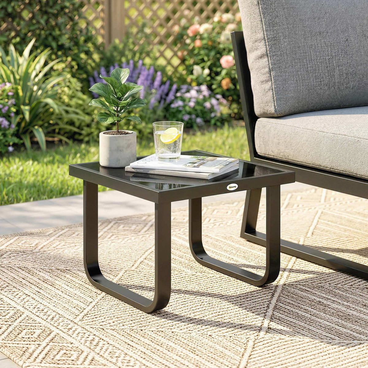 Metal Side Table with Tempered Glass Top & Adjustable Feet, 45x45x33 cm, Black