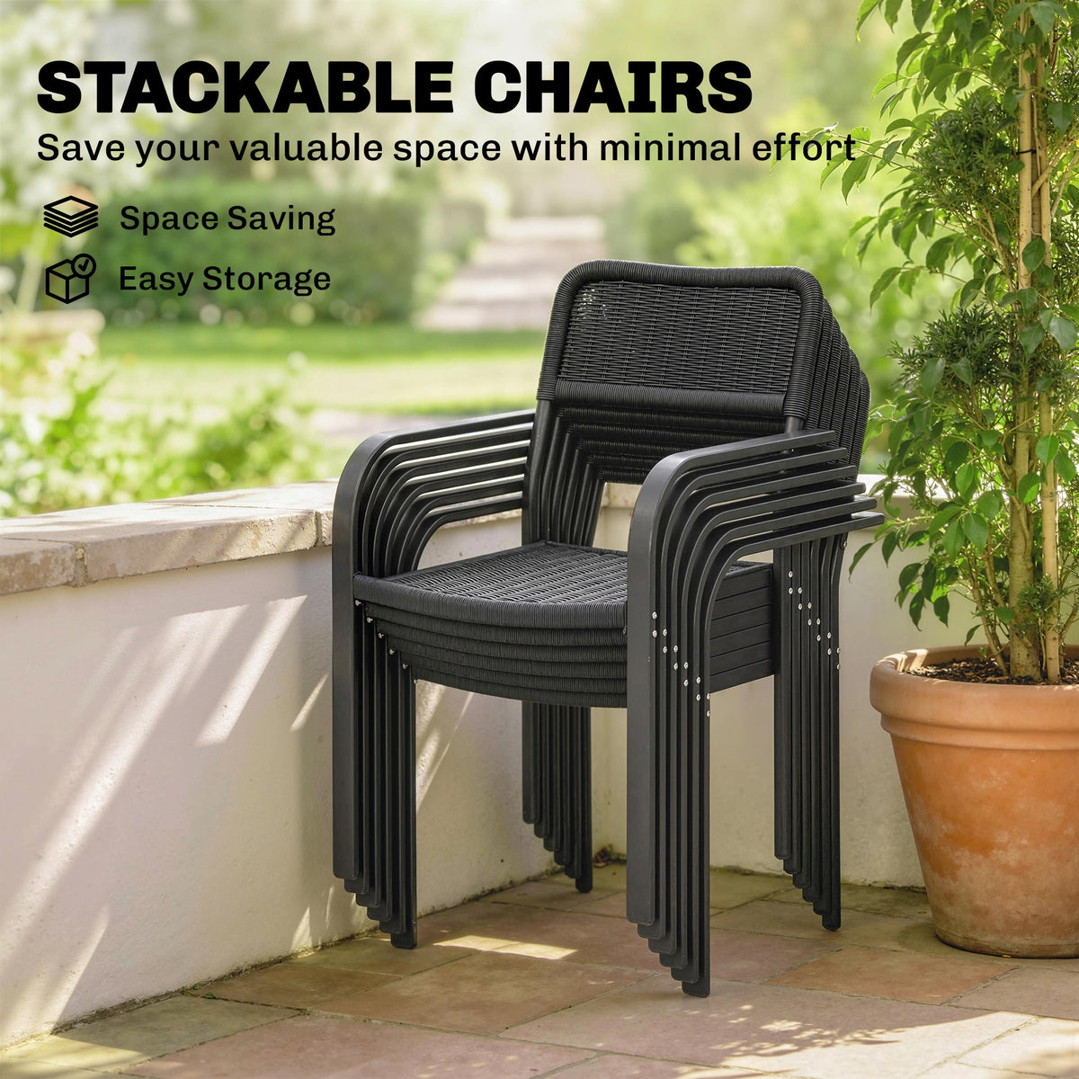 7-Piece Garden Dining Set with 6 Faux Rattan Chairs & Wood-Effect Table, Black