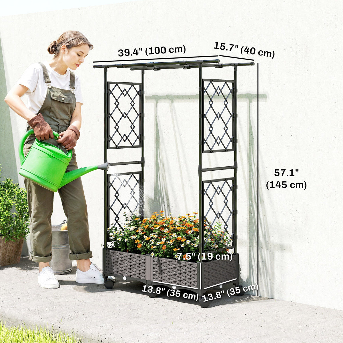 Raised Garden Bed with Arch Trellis, Wheels and Self-Watering Design