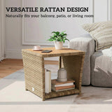 2-Tier PE Rattan Side Table with Storage Shelf, Khaki