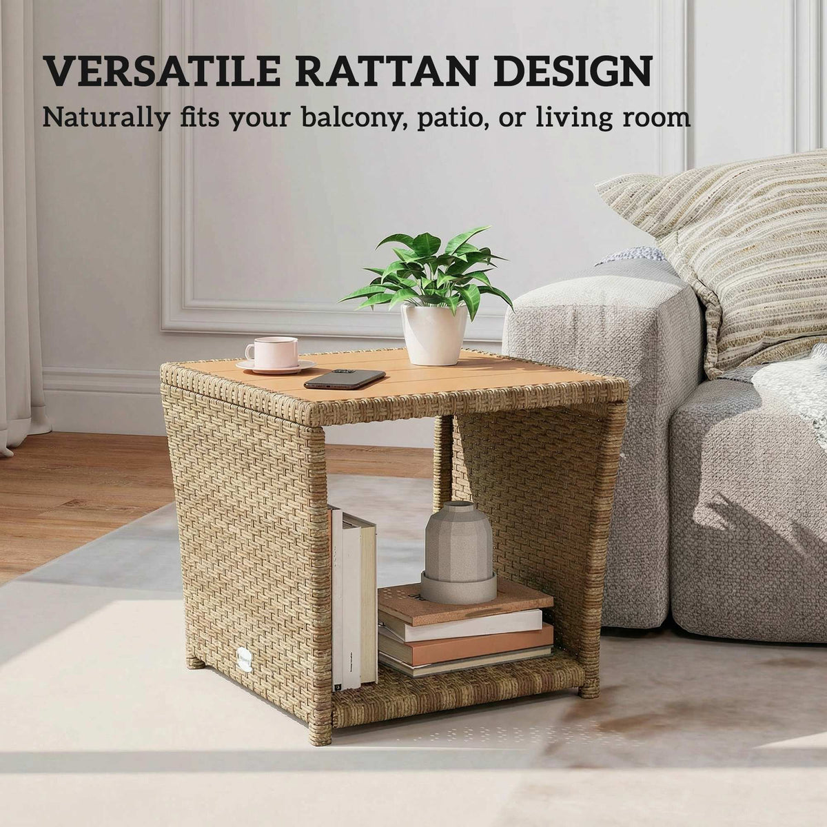 2-Tier PE Rattan Side Table with Storage Shelf, Khaki