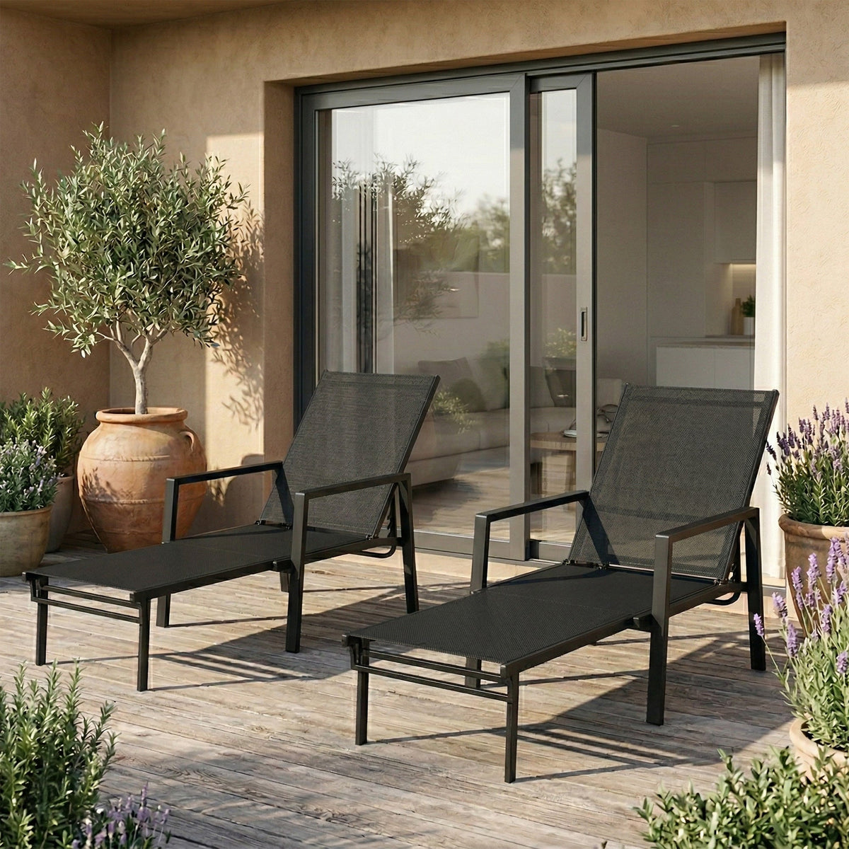 Set of 2 Adjustable Sun Loungers with Retractable Footrest, Steel Frame, Black