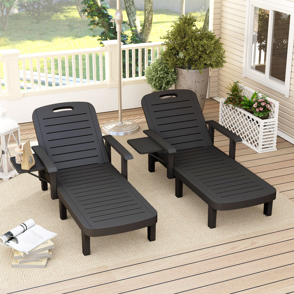 Set of 2 Resin Sun Loungers with Foldable Side Table, Black