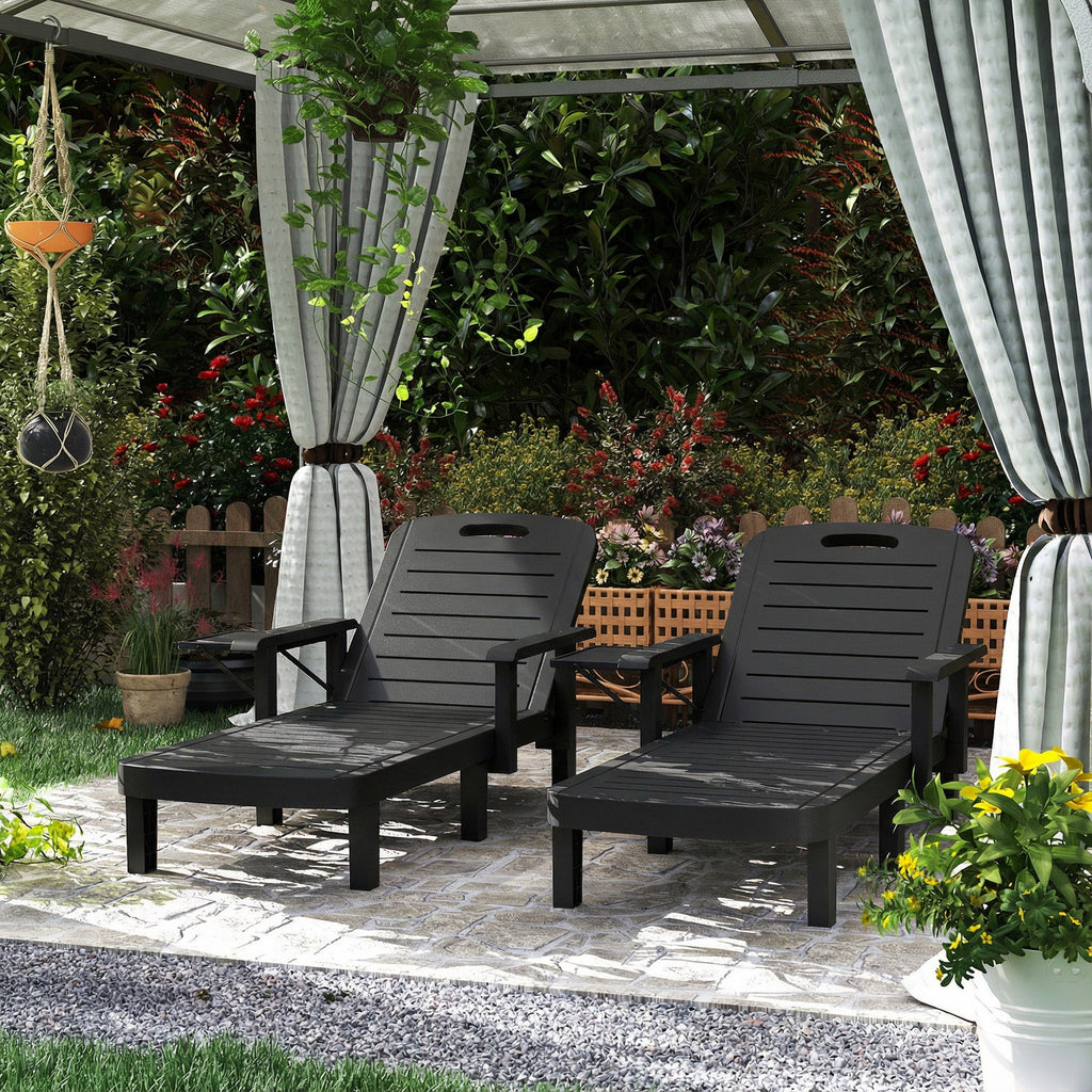 Set of 2 Resin Sun Loungers with Foldable Side Table, Black