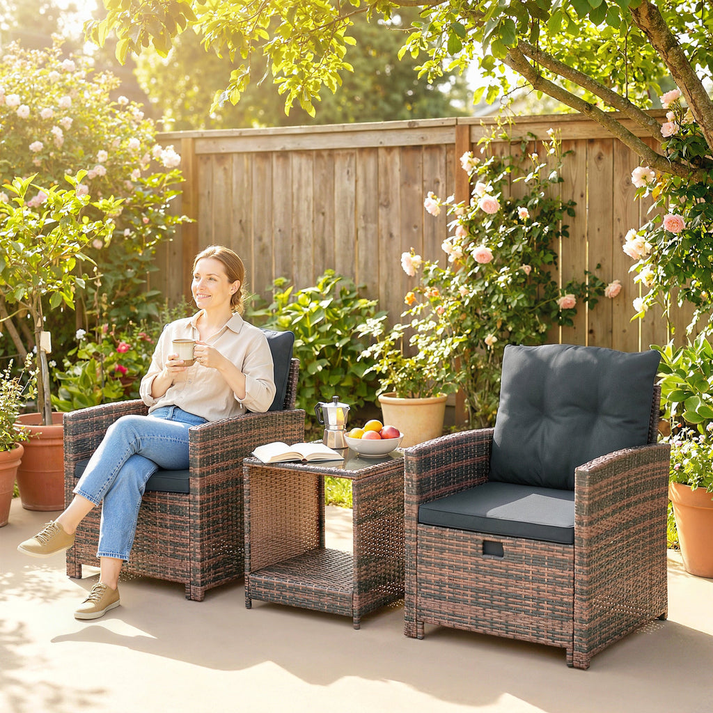 5-Piece Wicker Patio Set with Ottomans and 2-Tier Glass Table, Brown, Dark Grey