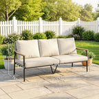 3 Seater Rattan Sofa with Wood-Effect Armrests, Khaki