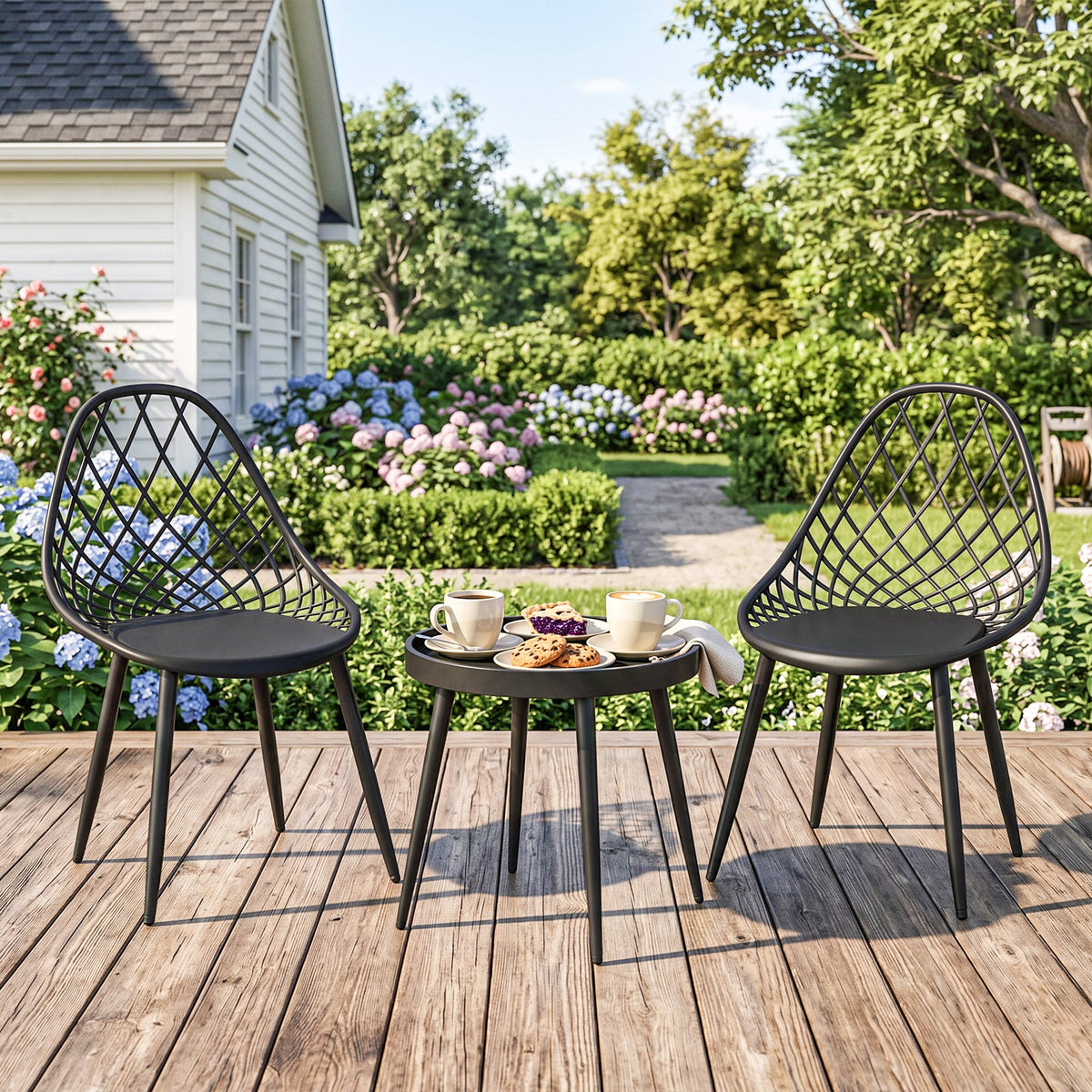 3-Piece Outdoor Bistro Set, 2 Chairs & Round Table, Weatherproof Metal, Black