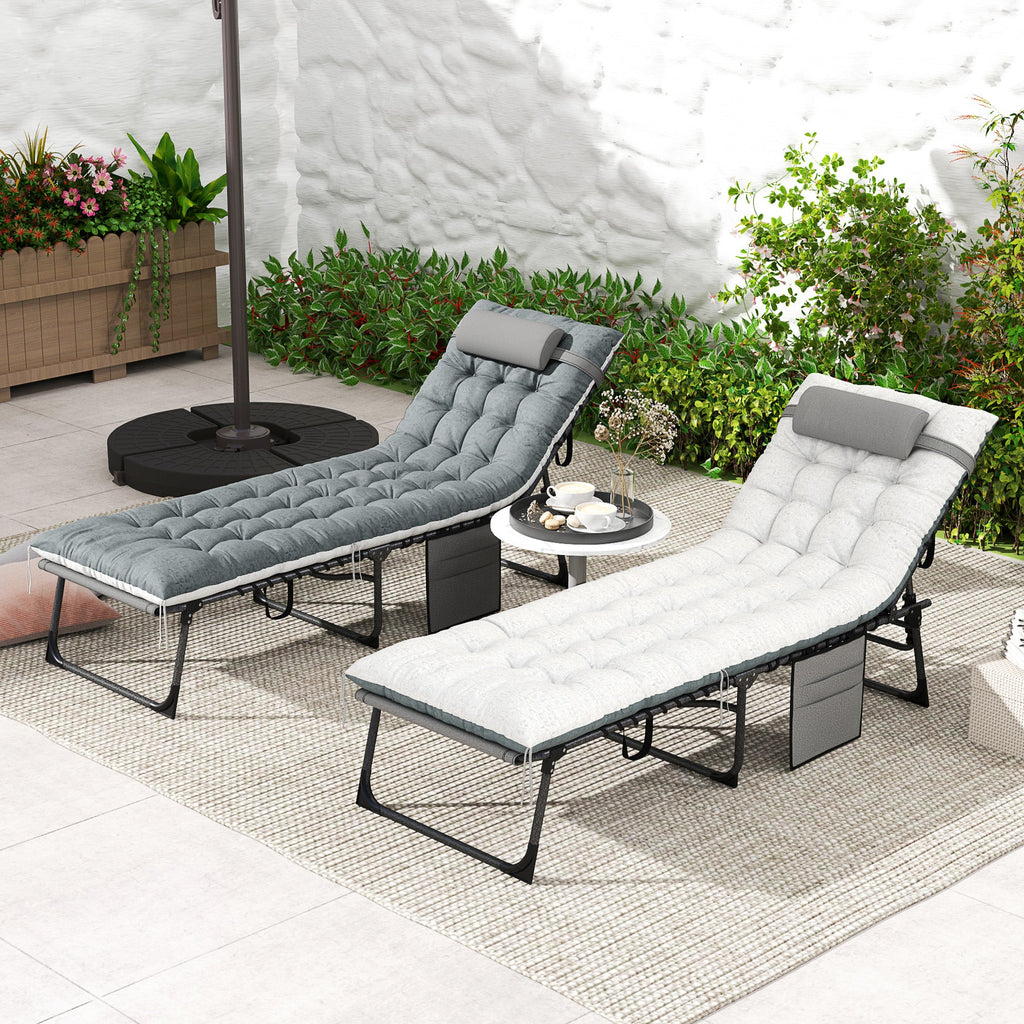 Set of 2 Folding Lounge Chairs with Cushion and Side Pocket, Grey