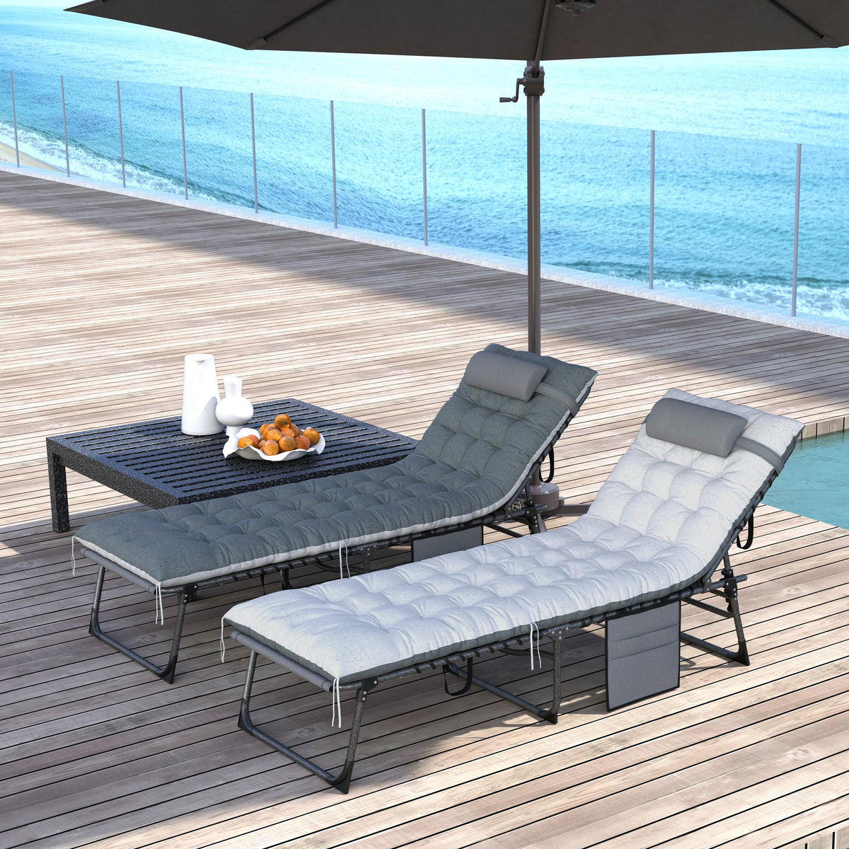 Set of 2 Folding Lounge Chairs with Cushion and Side Pocket, Grey