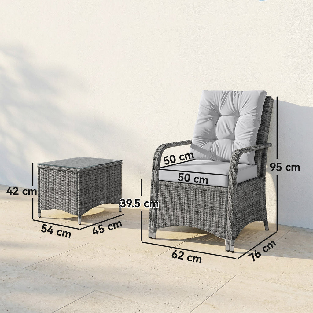 3-Piece Rattan Bistro Set with Metal Frame, Glass Table and Cushions, Light Grey