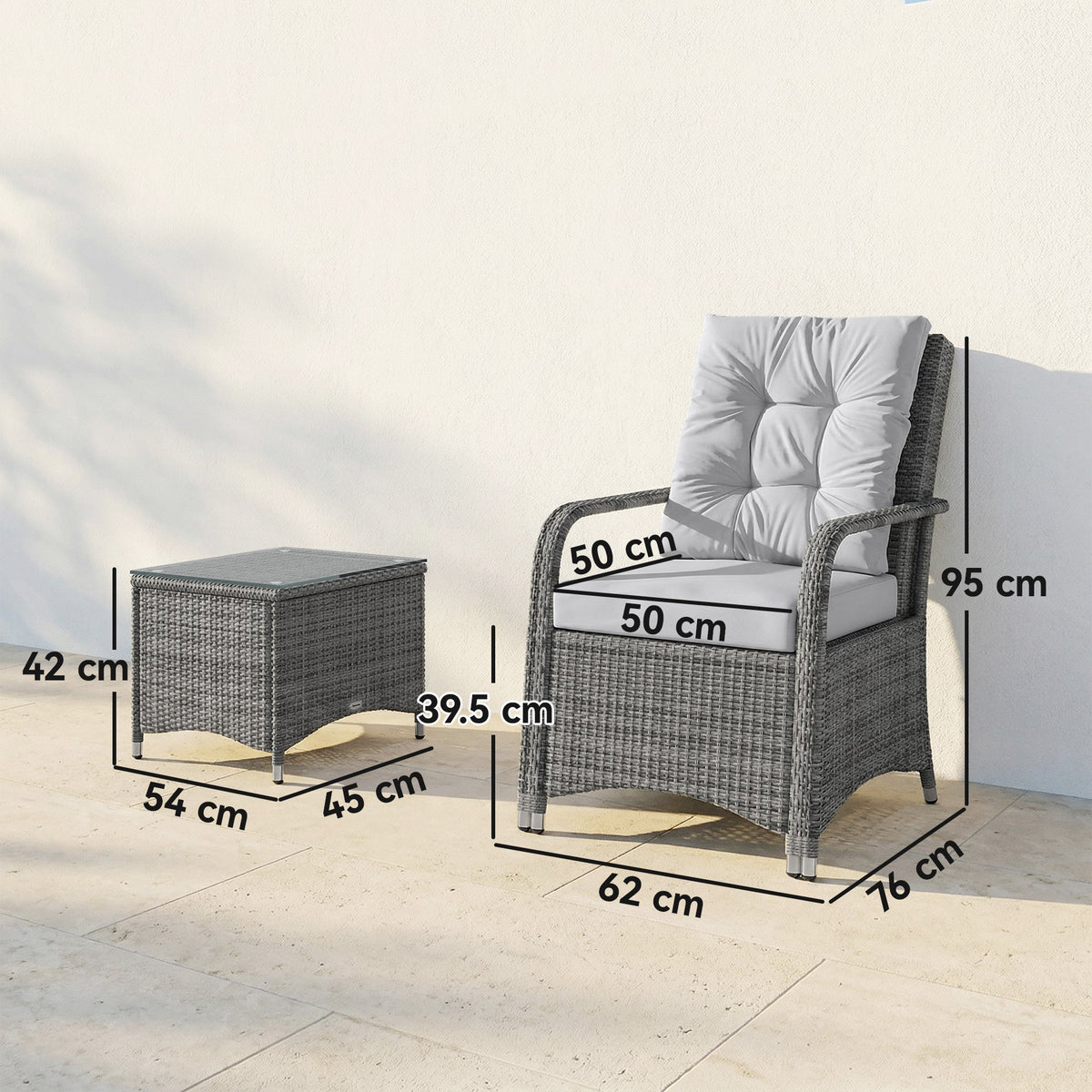 3-Piece Rattan Bistro Set with Metal Frame, Glass Table and Cushions, Light Grey