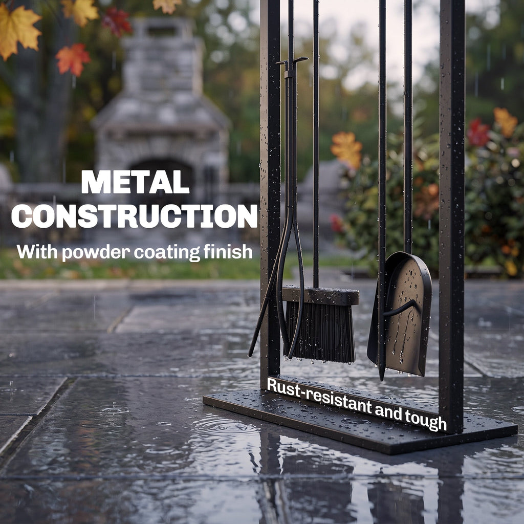 5-Piece Fireplace Tool Set with Brush, Shovel, Poker, Tongs & Stand, Black Metal