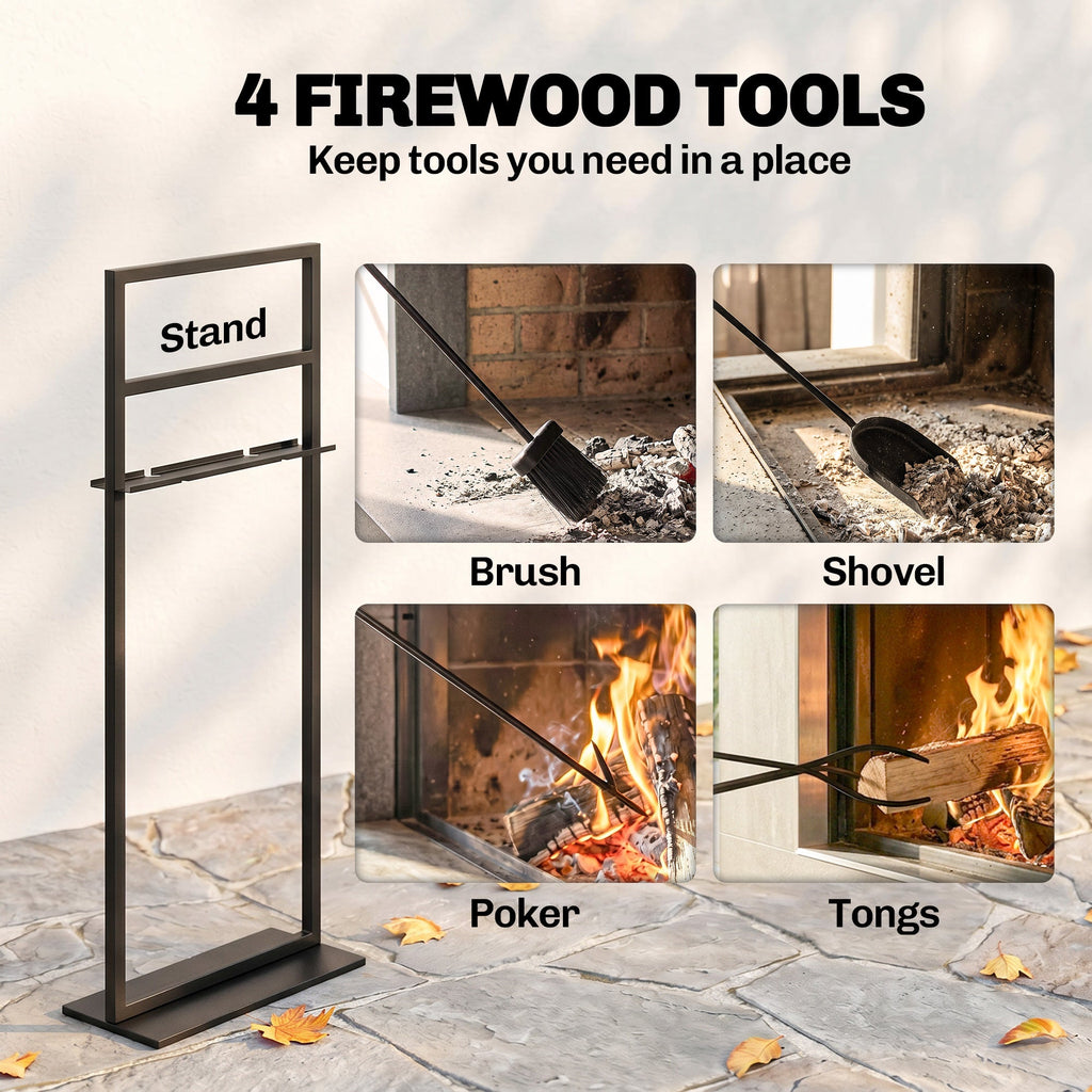 5-Piece Fireplace Tool Set with Brush, Shovel, Poker, Tongs & Stand, Black Metal