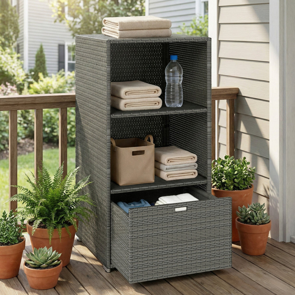 Pool Towel Rack with 2 Shelves and Basket Drawer, PE Rattan, Dark Gray