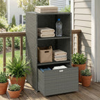 Pool Towel Rack with 2 Shelves and Basket Drawer, PE Rattan, Dark Gray