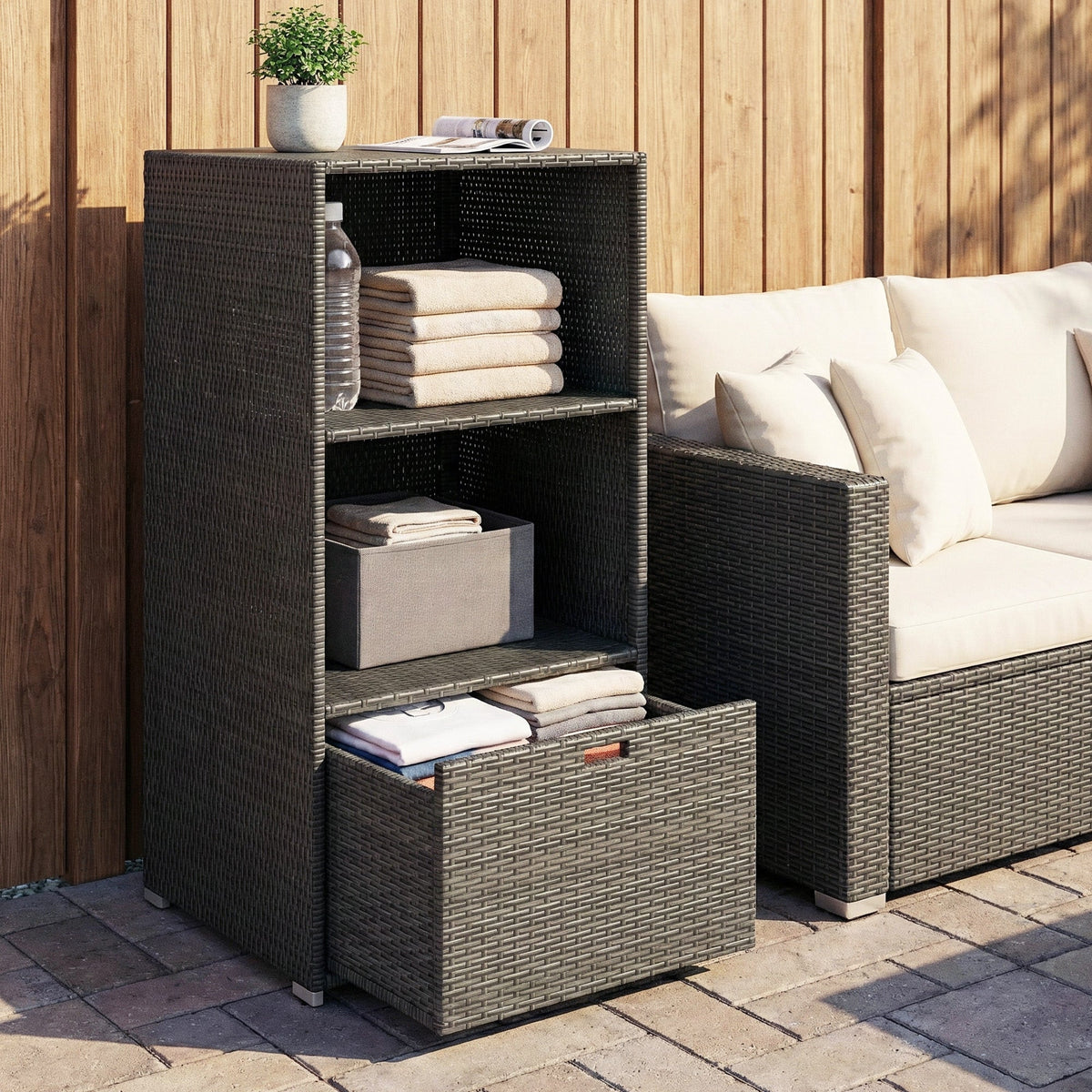 Pool Towel Rack with 2 Shelves and Basket Drawer, PE Rattan, Dark Gray