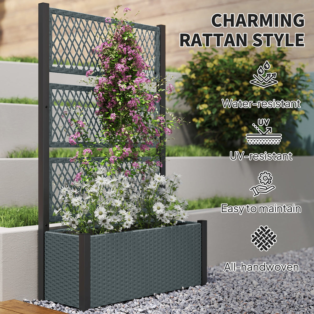 58" Wicker Outdoor Planter with Trellis and Privacy Screen, Dark Grey