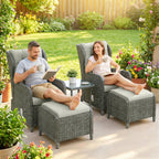 5 Piece Rattan Reclining Chair Set with Footstool and Glass Table, Cream White