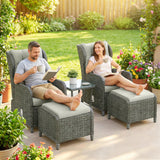 5 Piece Rattan Reclining Chair Set with Footstool and Glass Table, Cream White