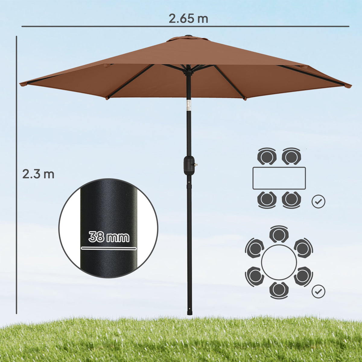 2.6 m Garden Parasol with Tilt, Crank, Vent & Aluminium Pole, Coffee