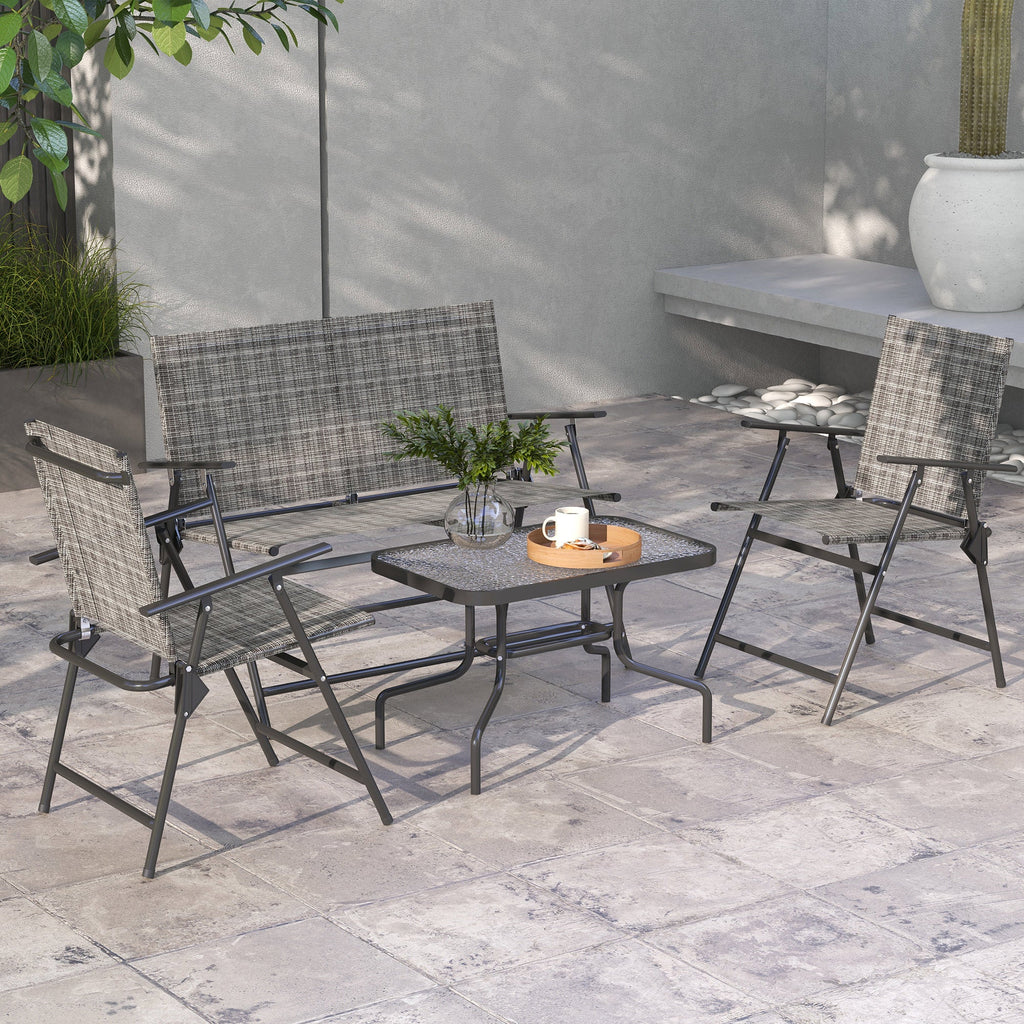 4pc Patio Furniture Set with Foldable Chairs, Loveseat and Glass Table, Mixed Grey